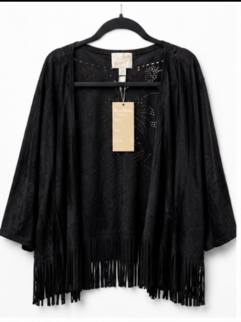 Neslay Design Black Faux Suede Laser Cut Fringe Cardigan M/L NWT